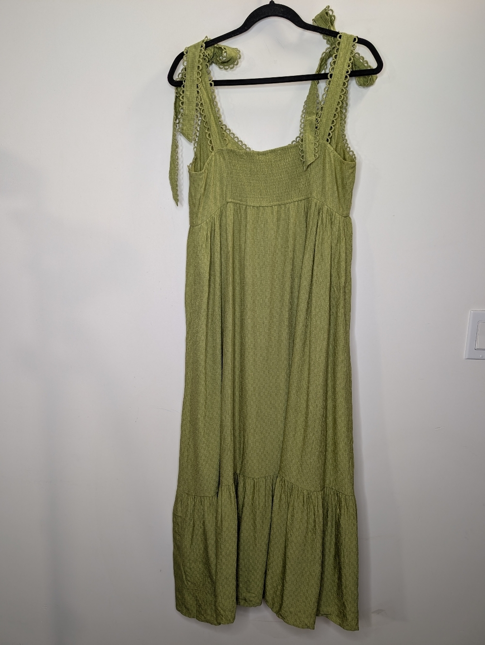 MINE Olive Green Tie Shoulder Boho Midi Dress | Textured Flowy L - Picture 7 of 7
